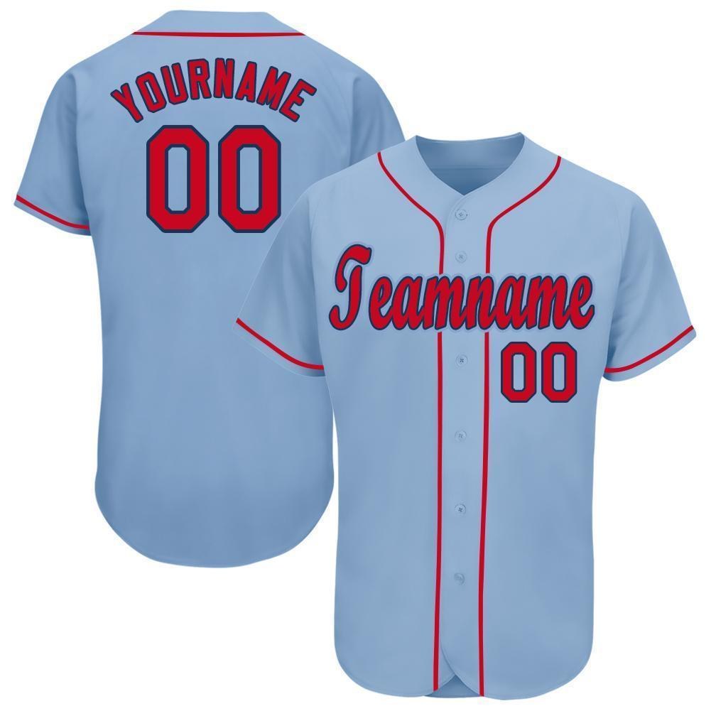 Custom Light Blue Red-Navy Baseball Jersey photo 1