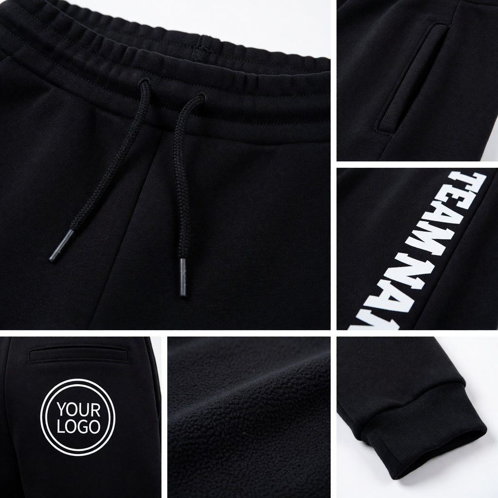 Custom Black White Fleece Jogger Sweatpants detail