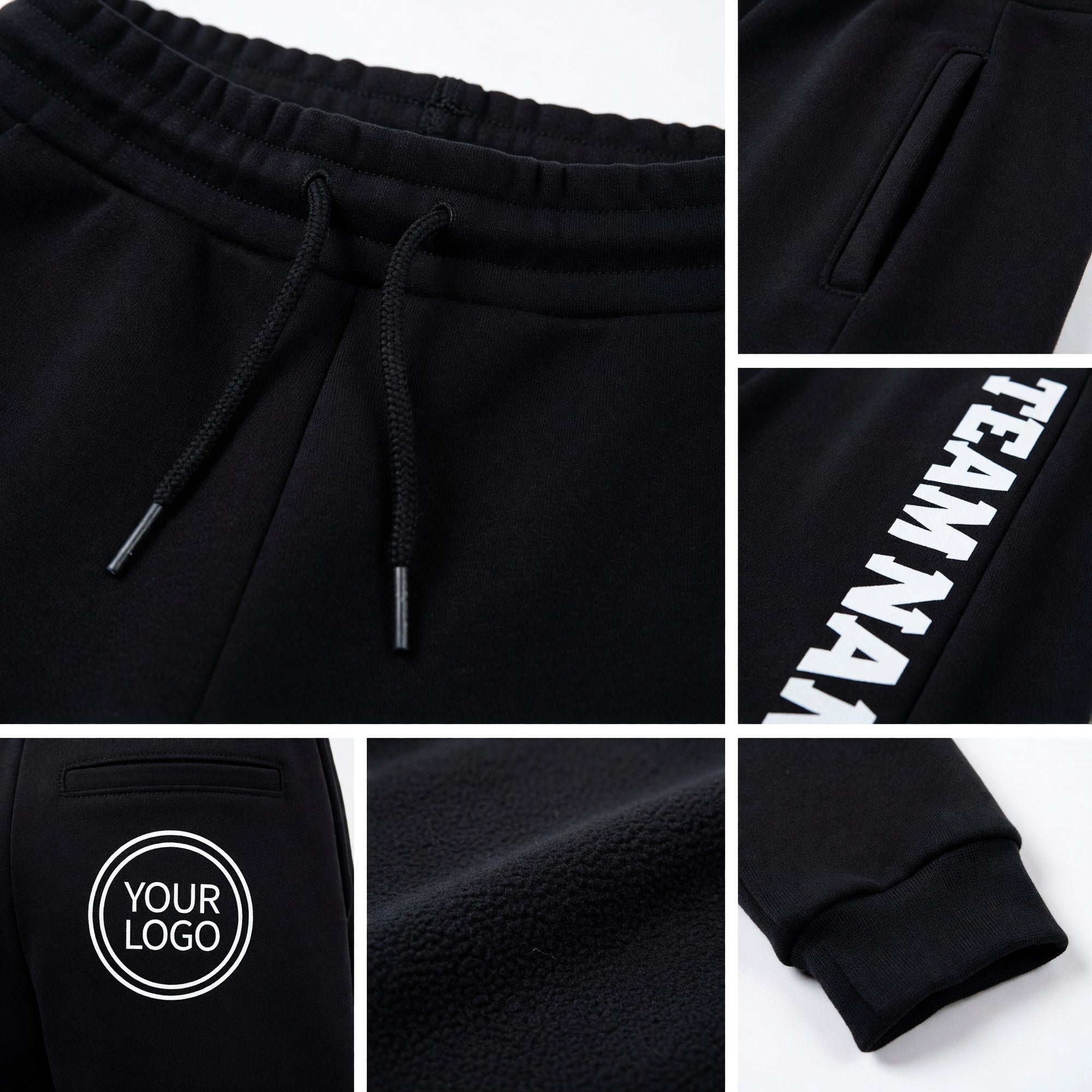 Custom Black White Fleece Jogger Sweatpants detail