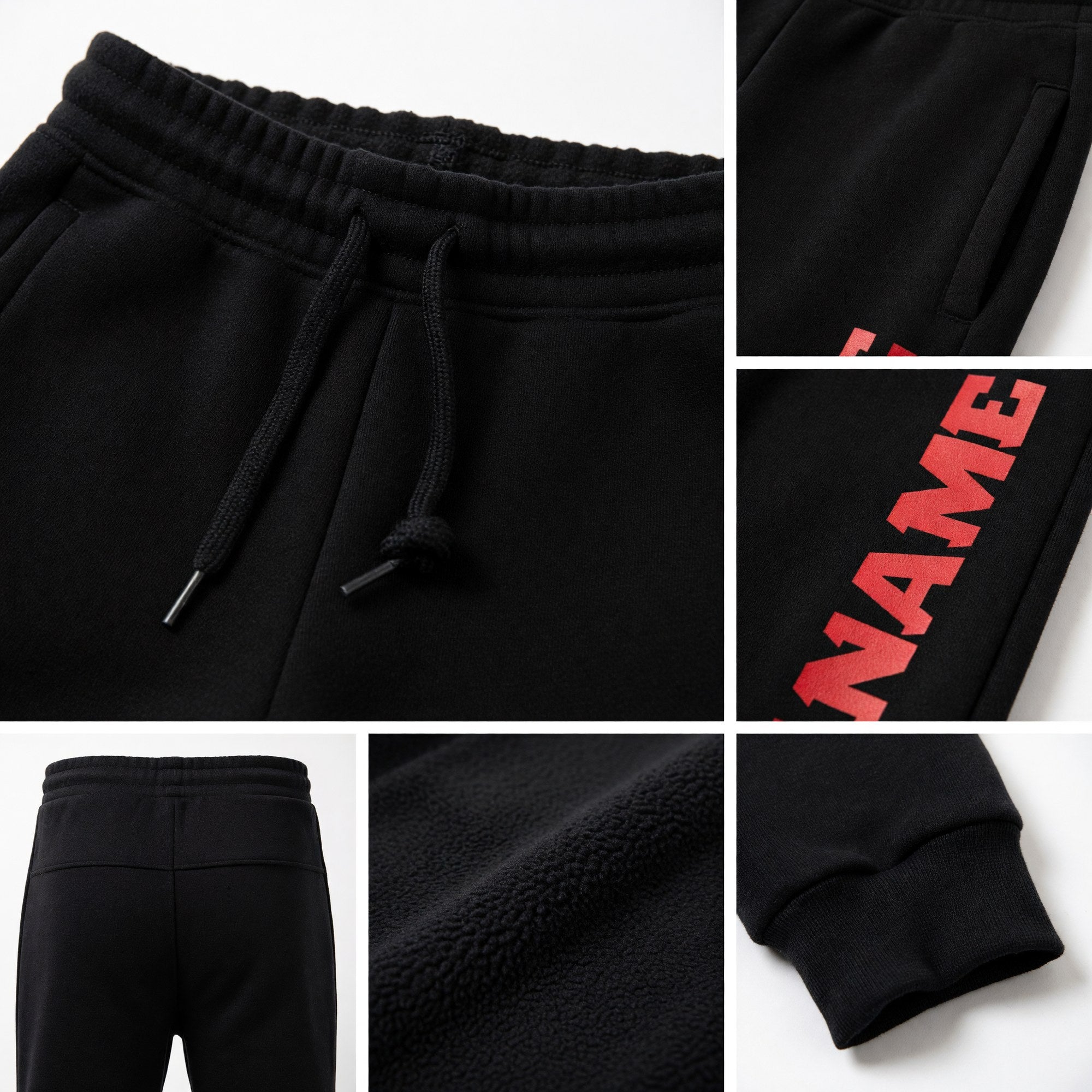 Custom Black Red Fleece Jogger Sweatpants detail