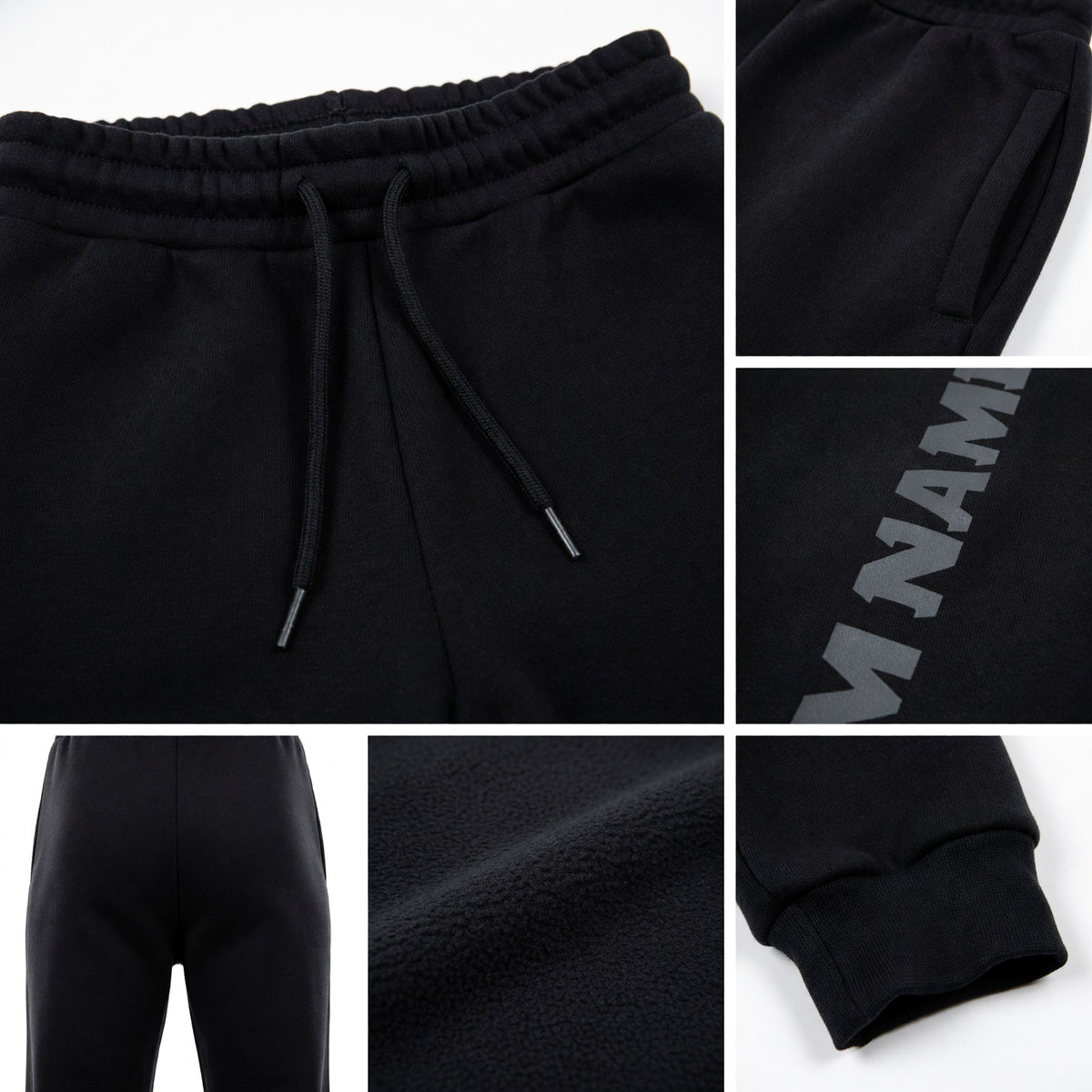 Custom Black Gray Fleece Jogger Sweatpants detail