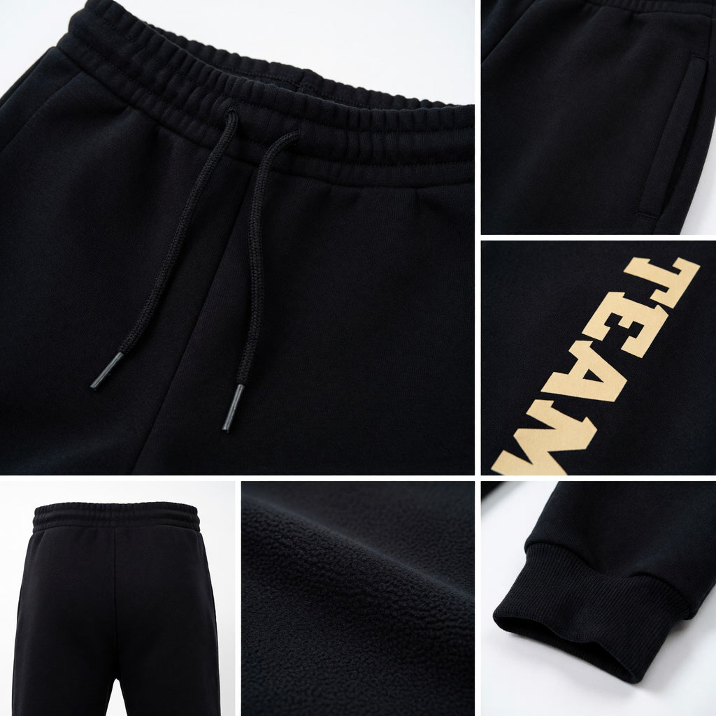 Custom Black Cream Fleece Jogger Sweatpants detail