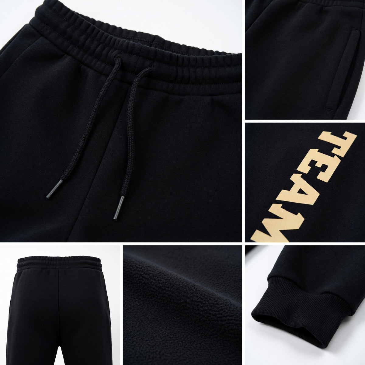 Custom Black Cream Fleece Jogger Sweatpants detail
