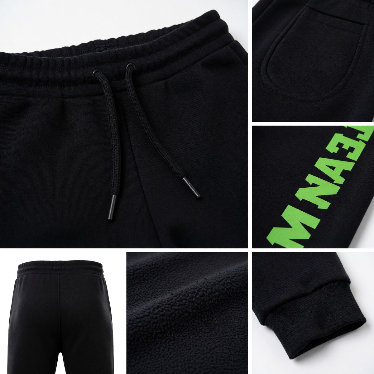 Custom Black Neon Green Fleece Jogger Sweatpants detail