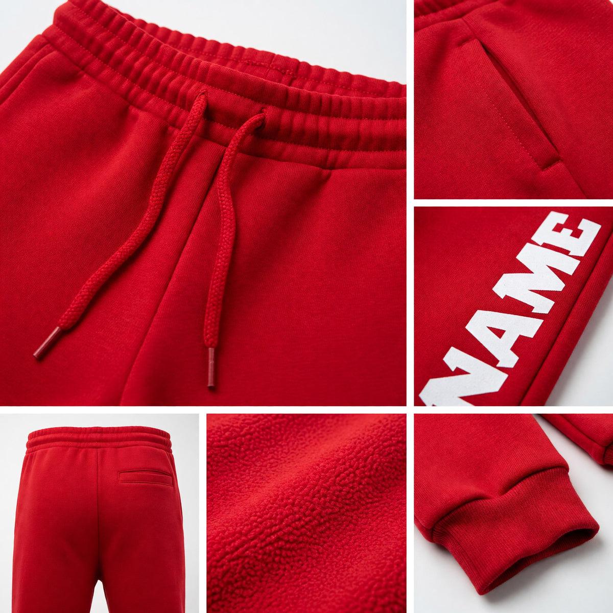 Custom Red White Fleece Jogger Sweatpants detail