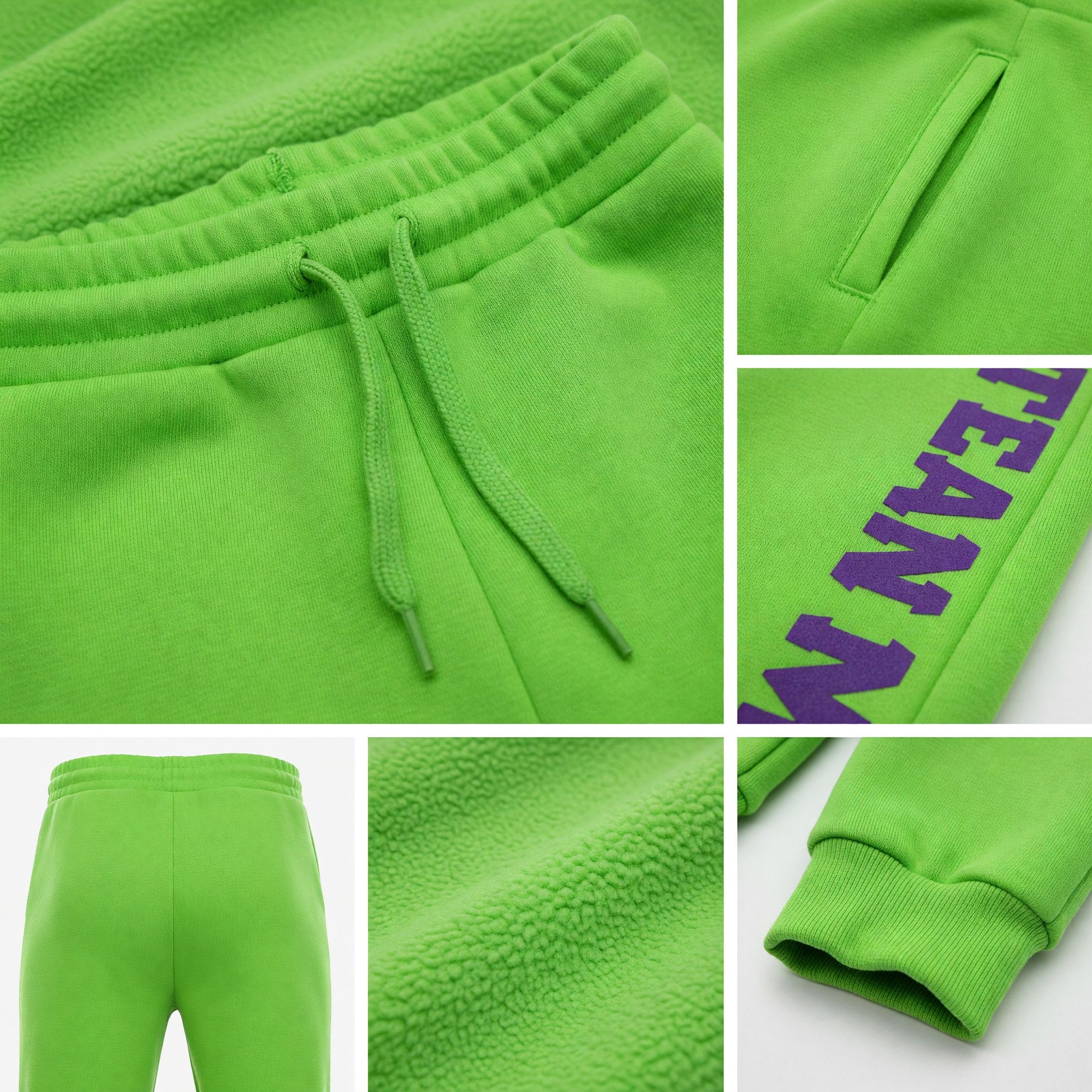 Custom Neon Green Purple Fleece Jogger Sweatpants detail