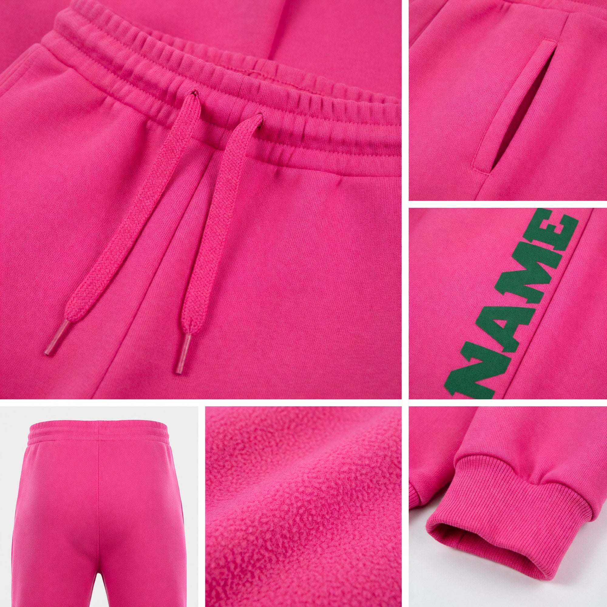 Custom Pink Kelly Green Fleece Jogger Sweatpants detail