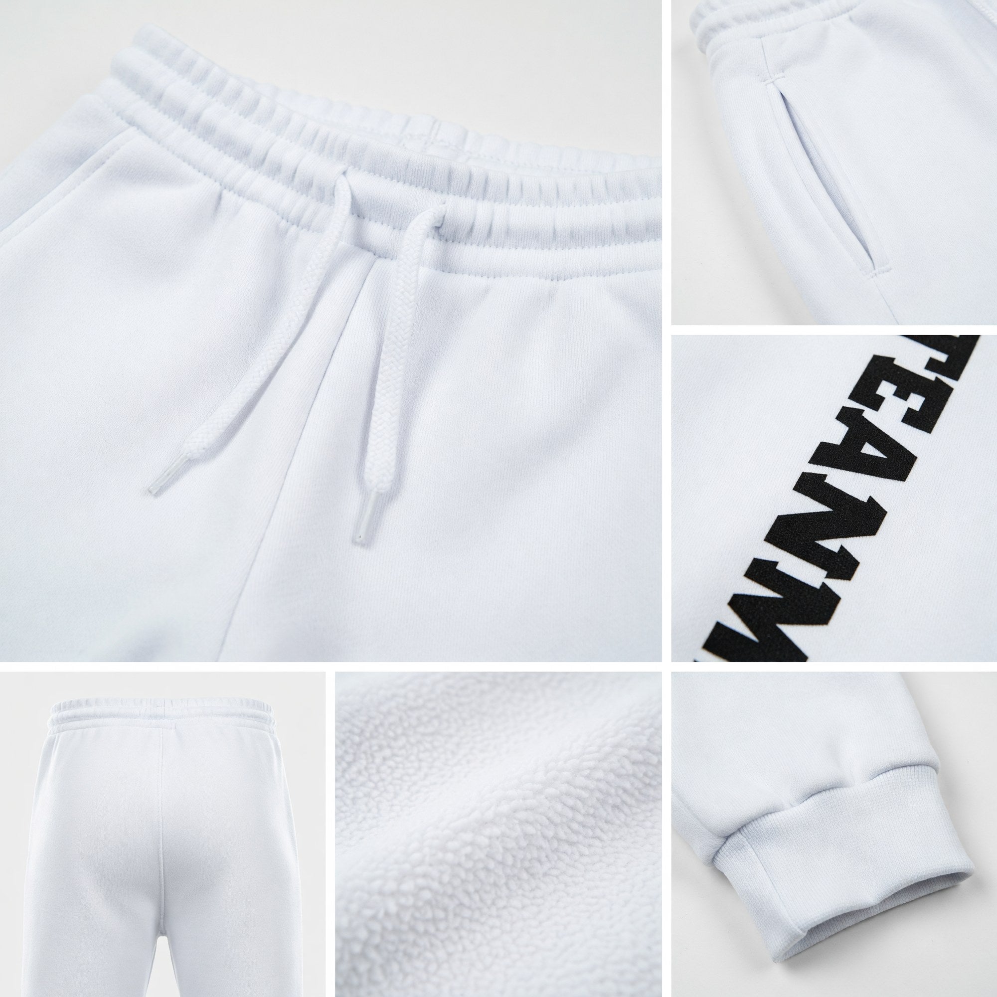 Custom White Black Fleece Jogger Sweatpants detail