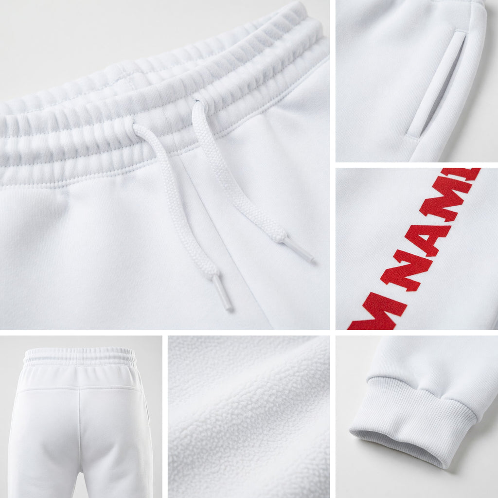 Custom White Red Fleece Jogger Sweatpants detail