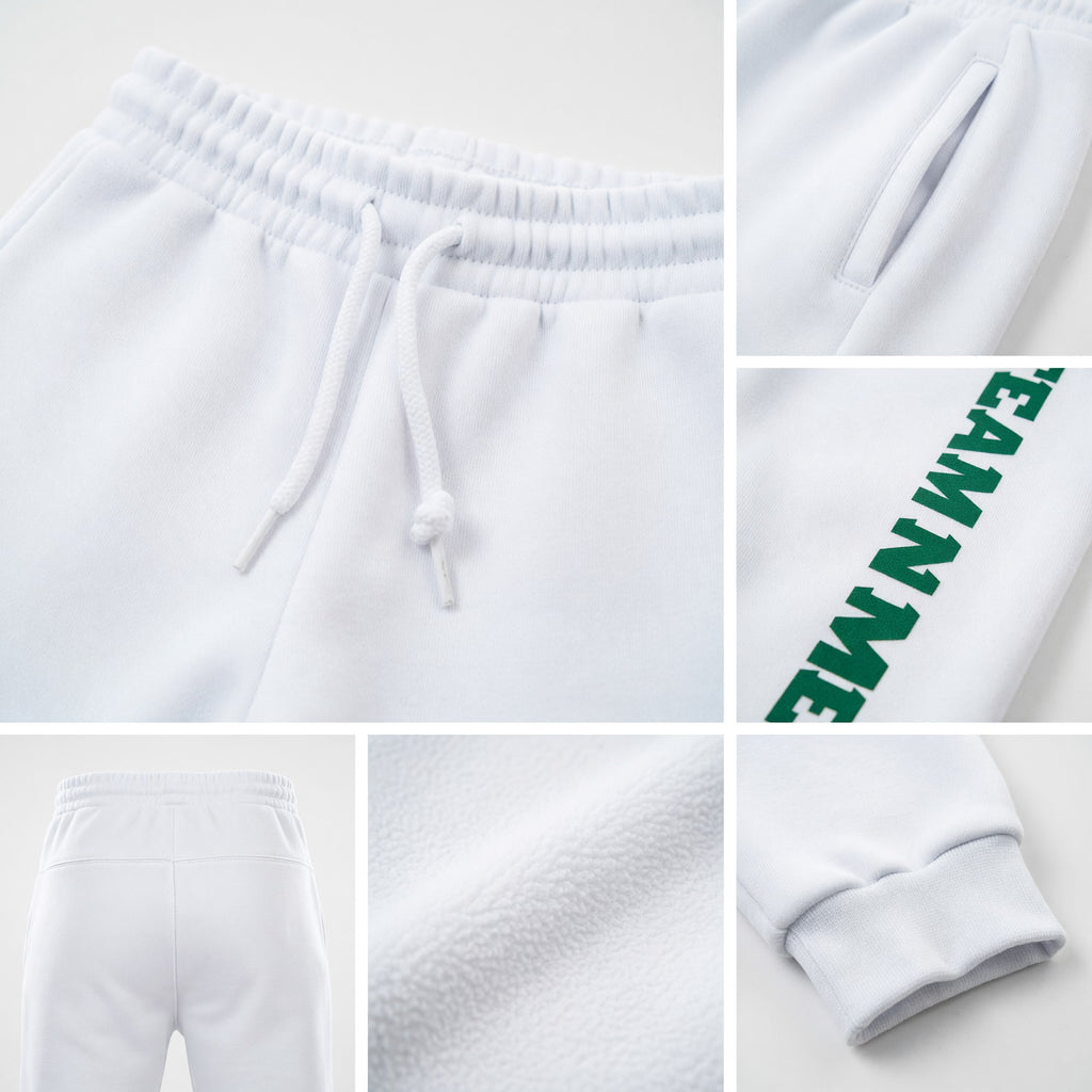 Custom White Kelly Green Fleece Jogger Sweatpants detail