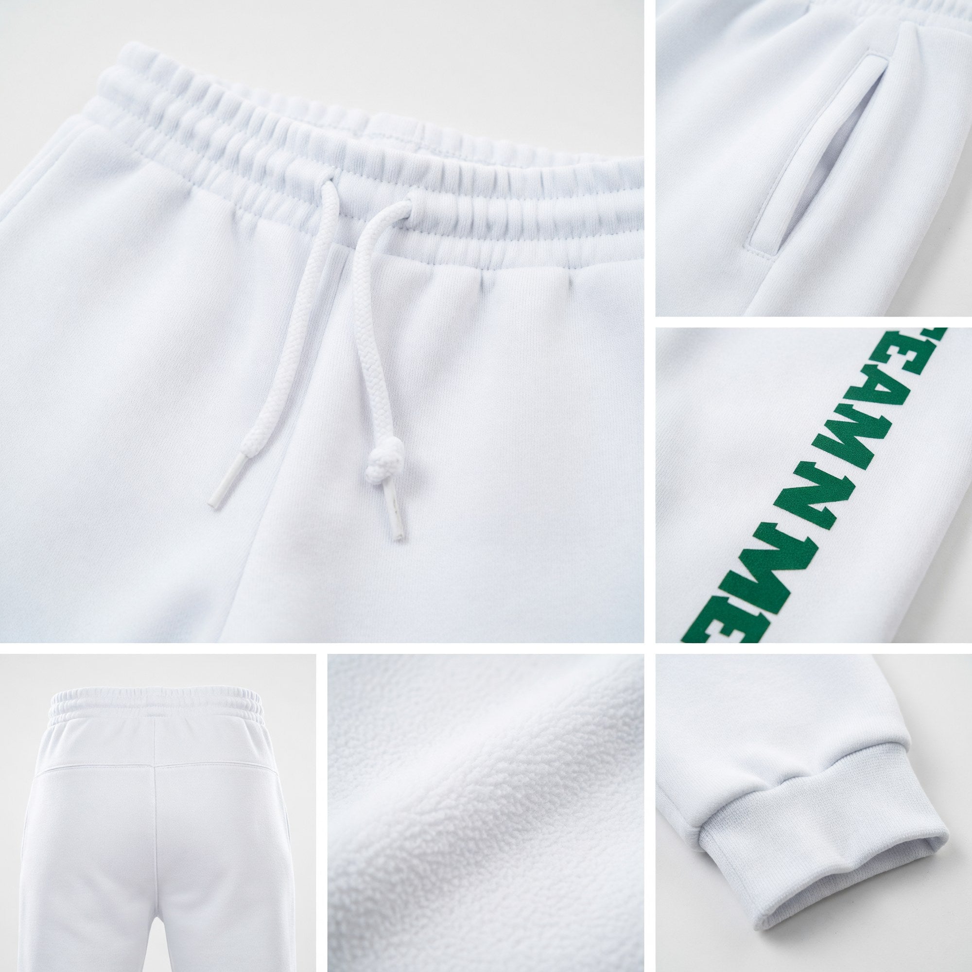 Custom White Kelly Green Fleece Jogger Sweatpants detail