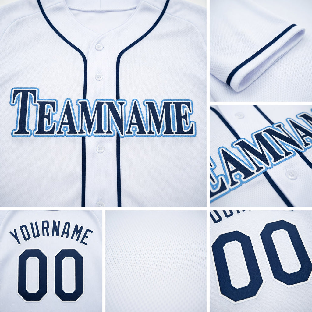 Custom White Navy-Powder Blue Baseball Jersey detail