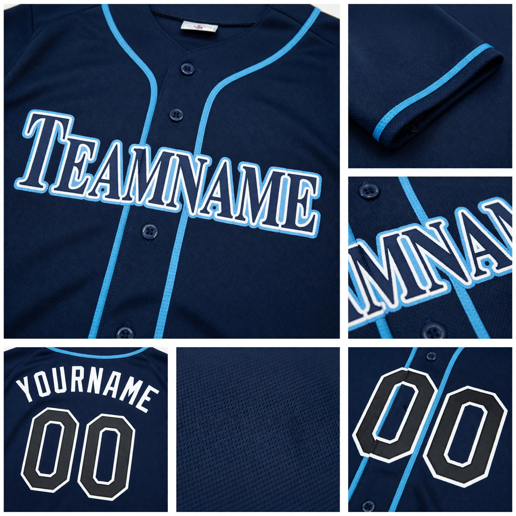 Custom Navy White-Powder Blue Baseball Jersey detail