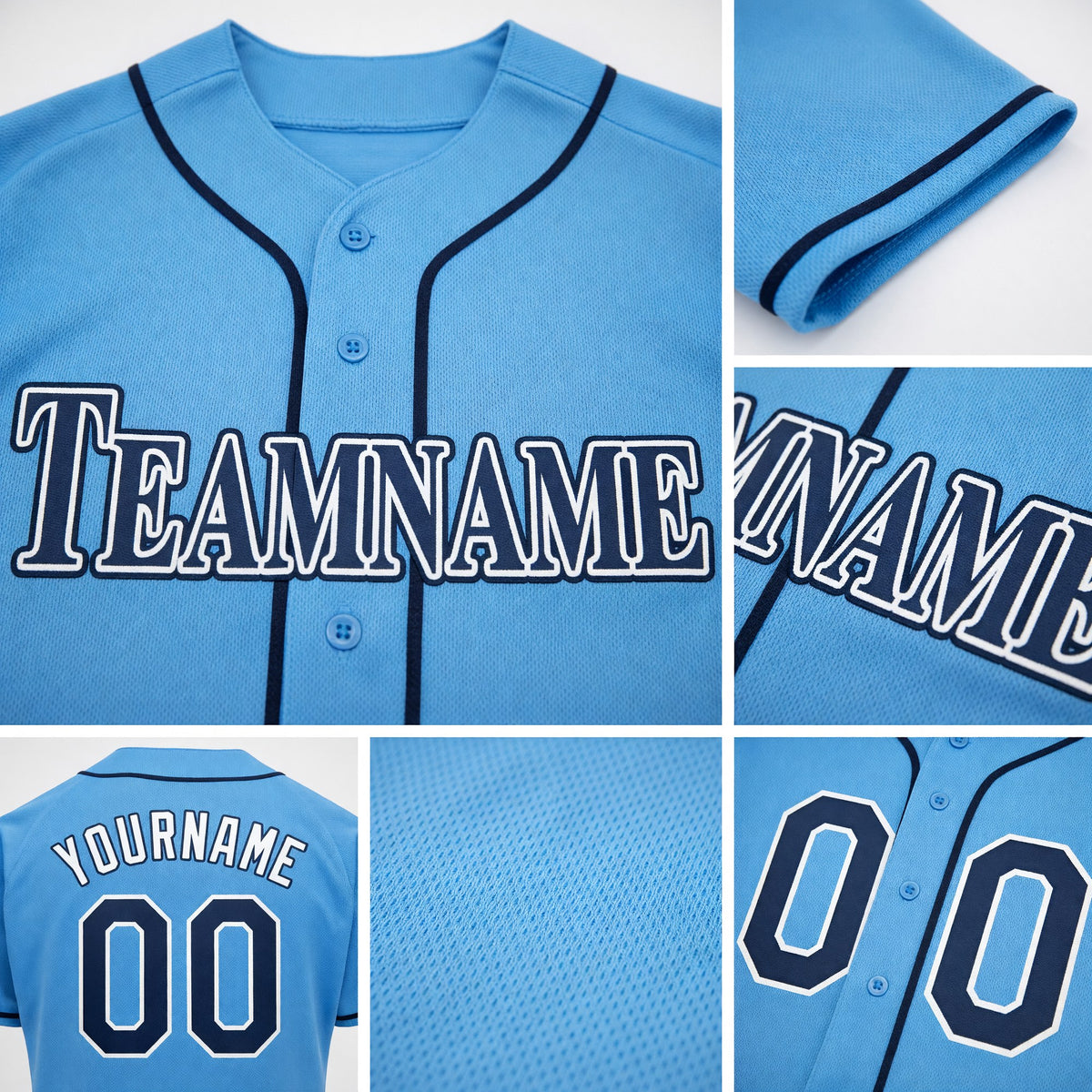 Custom Powder Blue Navy-White Baseball Jersey detail