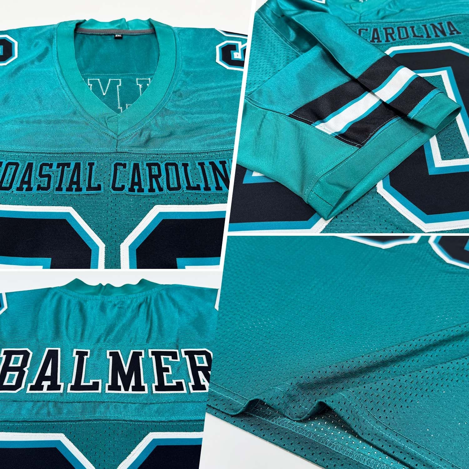 Custom Teal Black-White Mesh Authentic Football Jersey photo 2