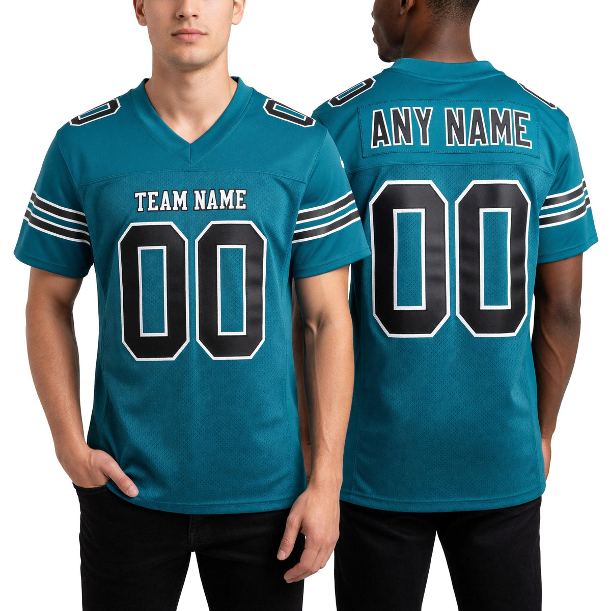 Custom Teal Black-White Mesh Authentic Football Jersey worn front and back