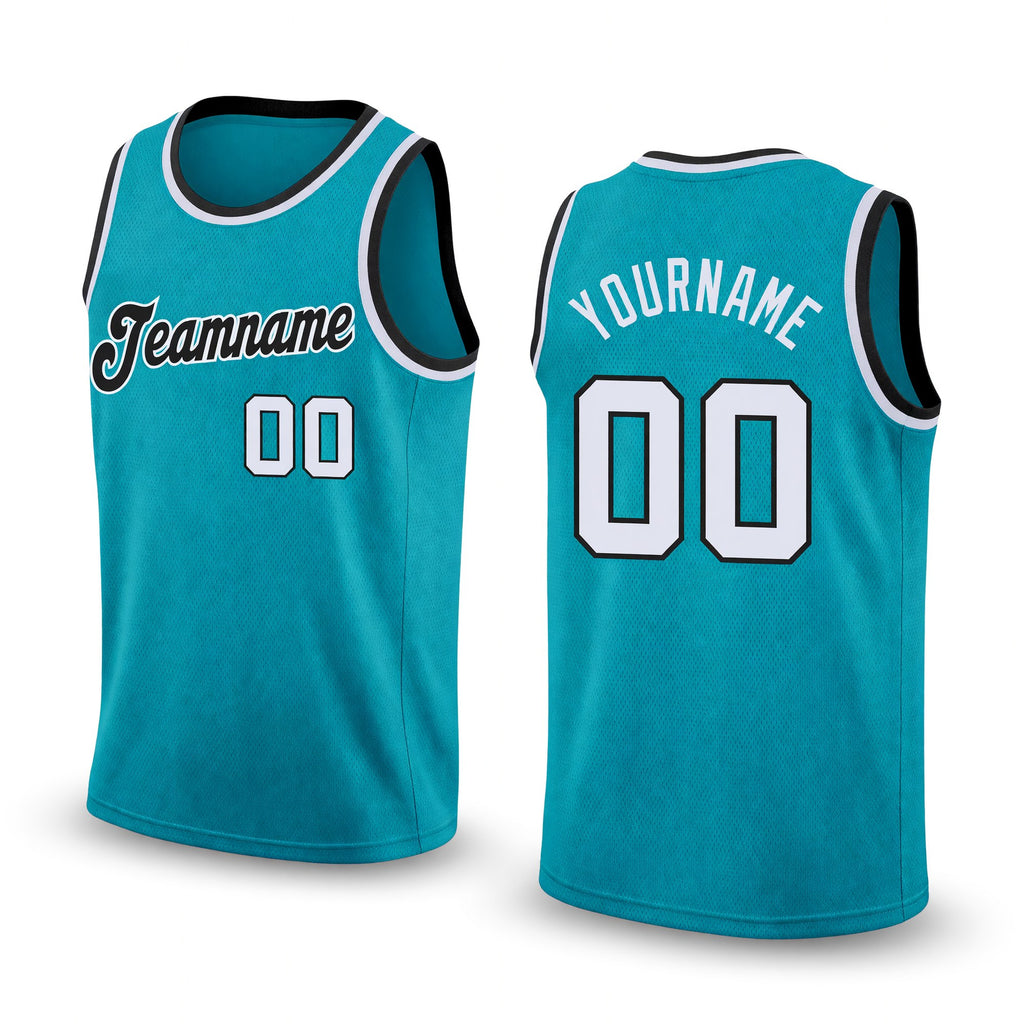 Custom Teal White-Black Round Neck Rib-Knit Basketball Jersey
