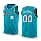 Custom Teal White-Black Round Neck Rib-Knit Basketball Jersey