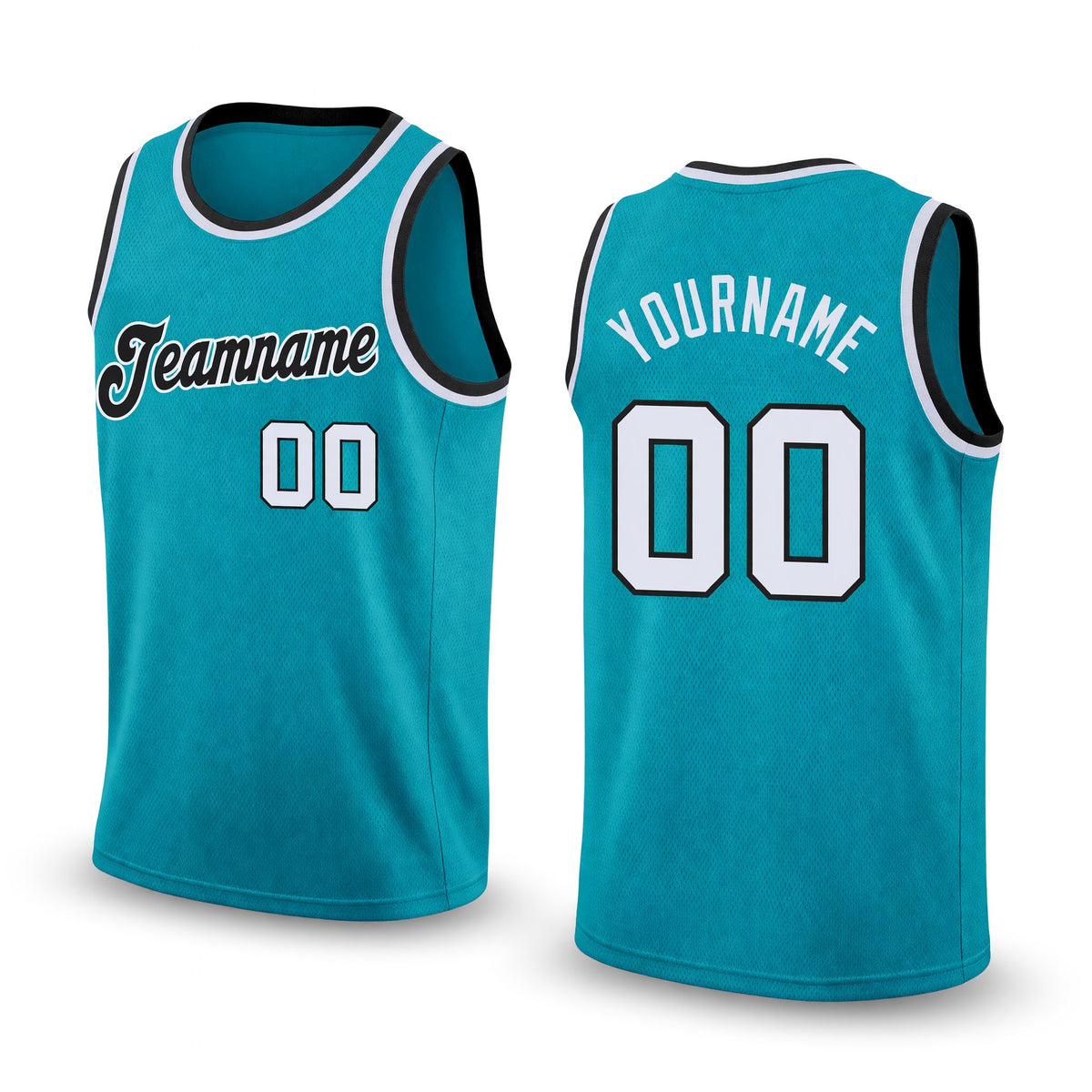 Custom Teal White-Black Round Neck Rib-Knit Basketball Jersey