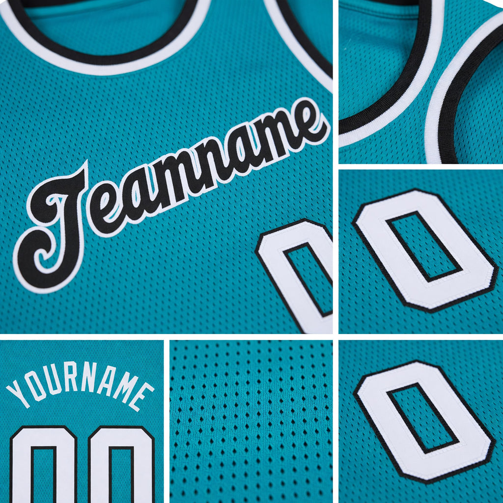 Custom Teal White-Black Round Neck Rib-Knit Basketball Jersey detail