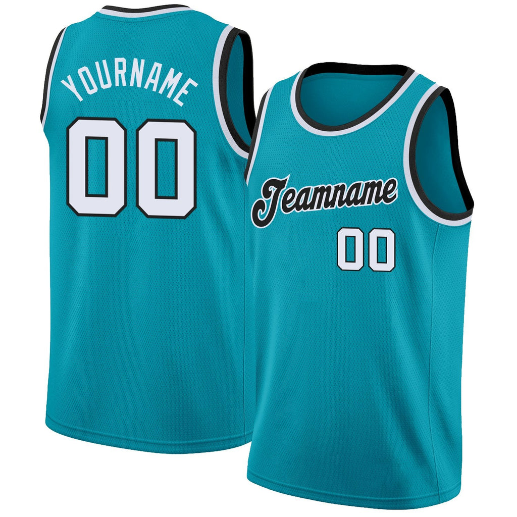 Custom Teal White-Black Round Neck Rib-Knit Basketball Jersey photo 1