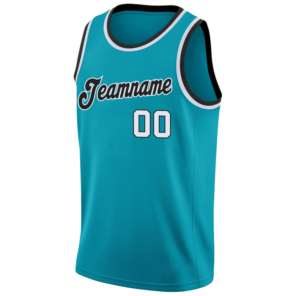 Custom Teal White-Black Round Neck Rib-Knit Basketball Jersey photo 4