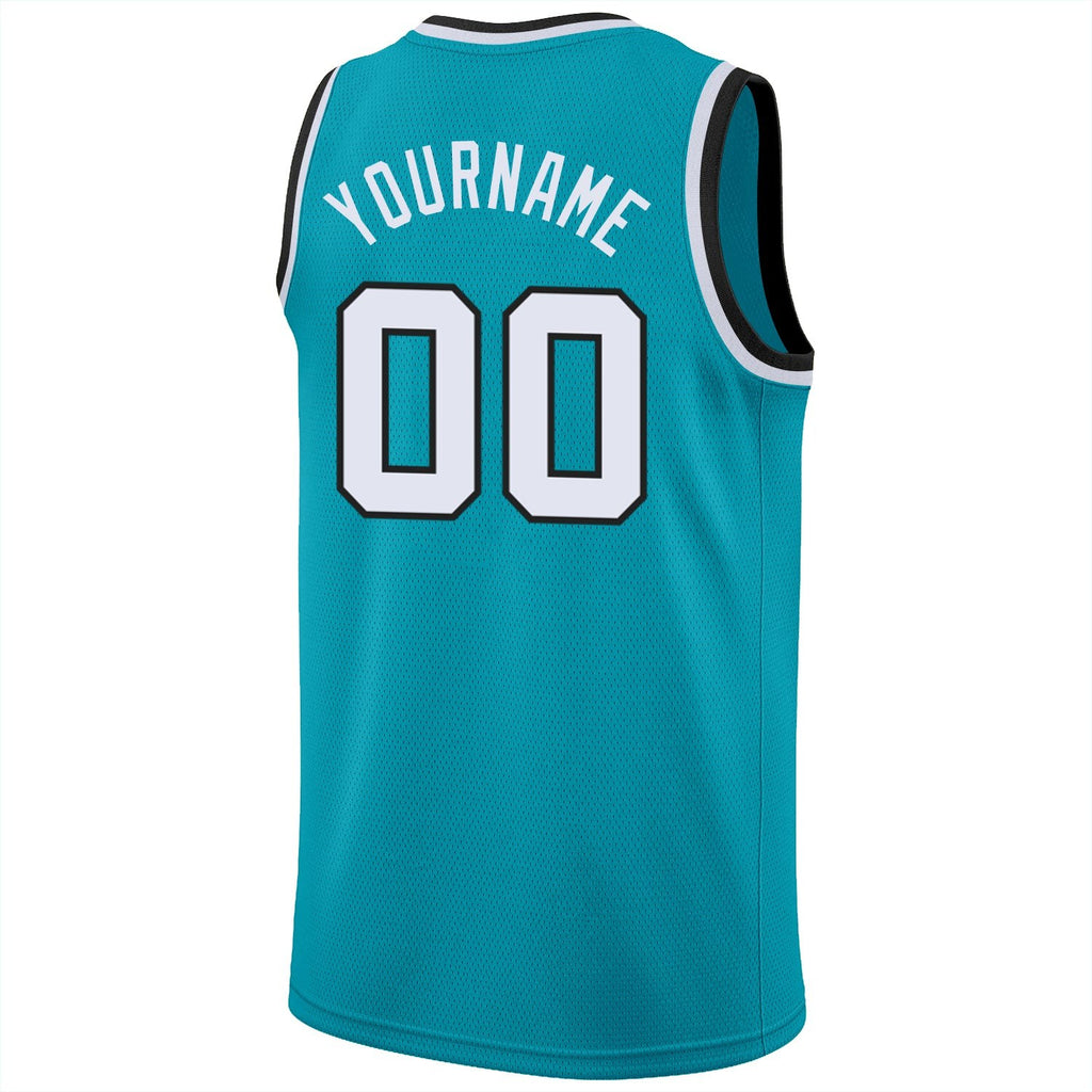 Custom Teal White-Black Round Neck Rib-Knit Basketball Jersey photo 5