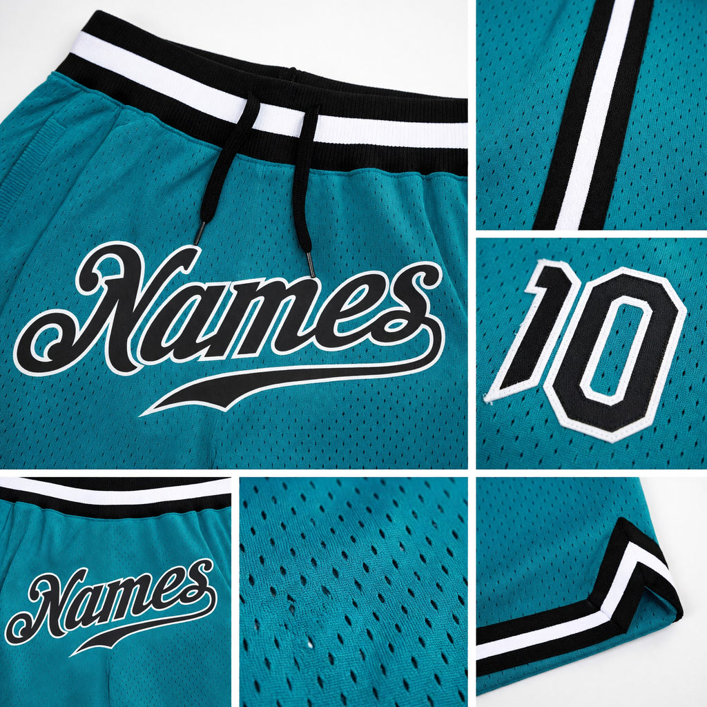 Custom Teal Black-White Authentic Throwback Basketball Shorts detail