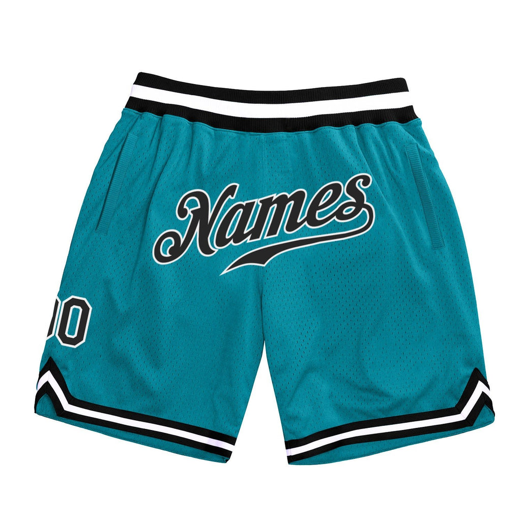 Custom Teal Black-White Authentic Throwback Basketball Shorts photo 1