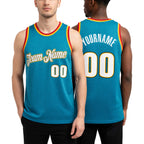 Custom Teal White-Gold Authentic Throwback Basketball Jersey worn front and back