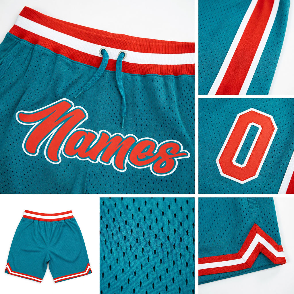 Custom Teal Orange-White Authentic Throwback Basketball Shorts detail