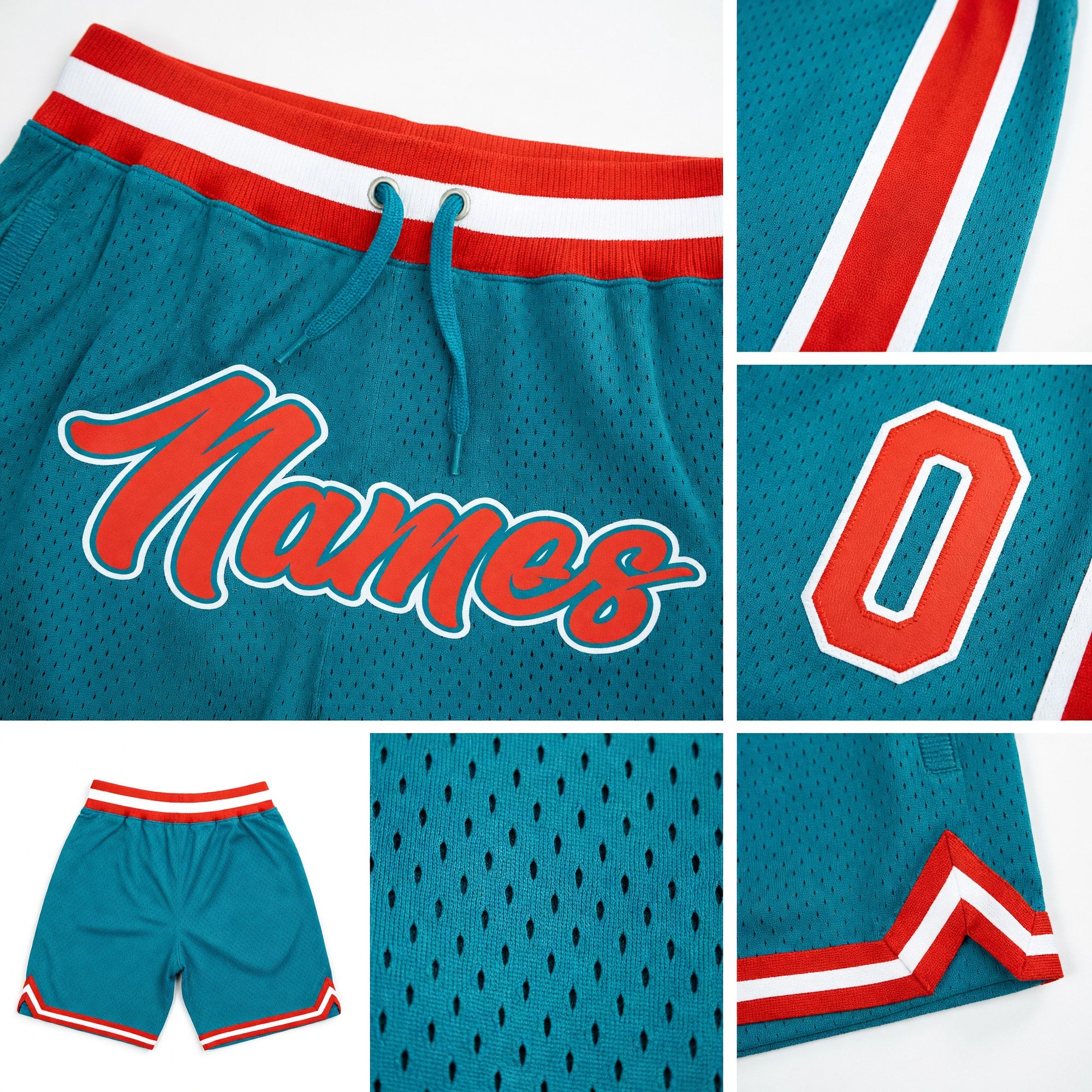Custom Teal Orange-White Authentic Throwback Basketball Shorts detail