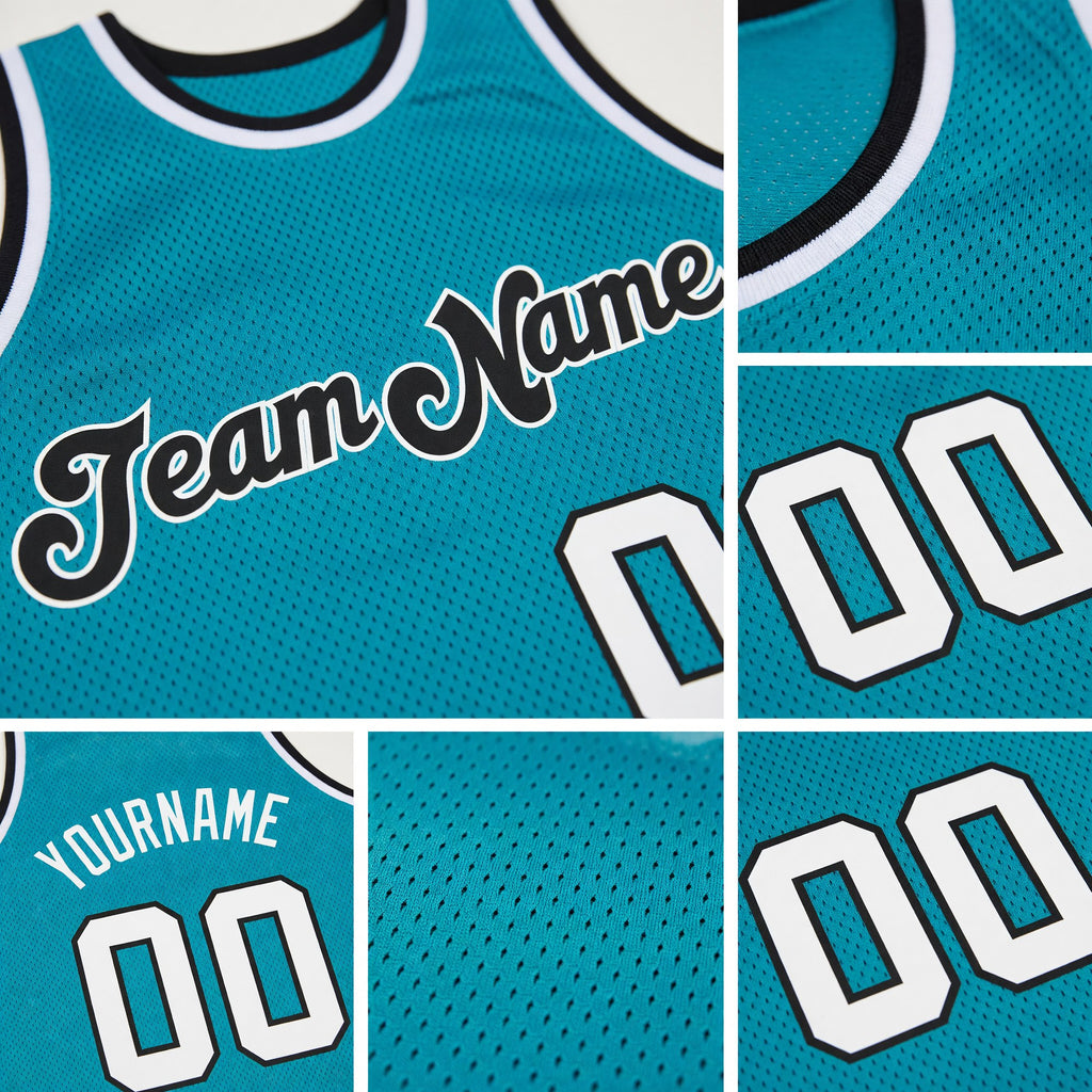 Custom Teal White-Black Authentic Throwback Basketball Jersey detail