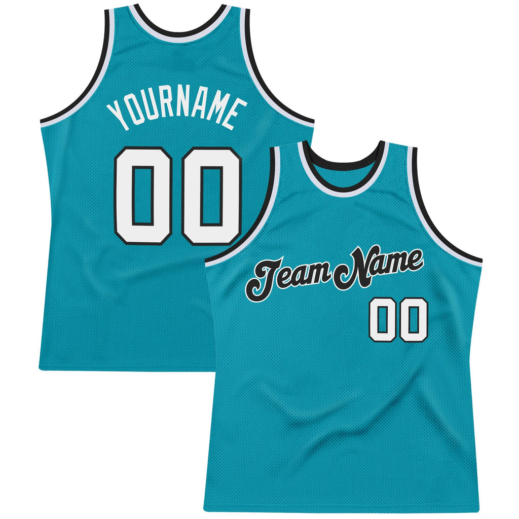 Custom Teal White-Black Authentic Throwback Basketball Jersey photo 1