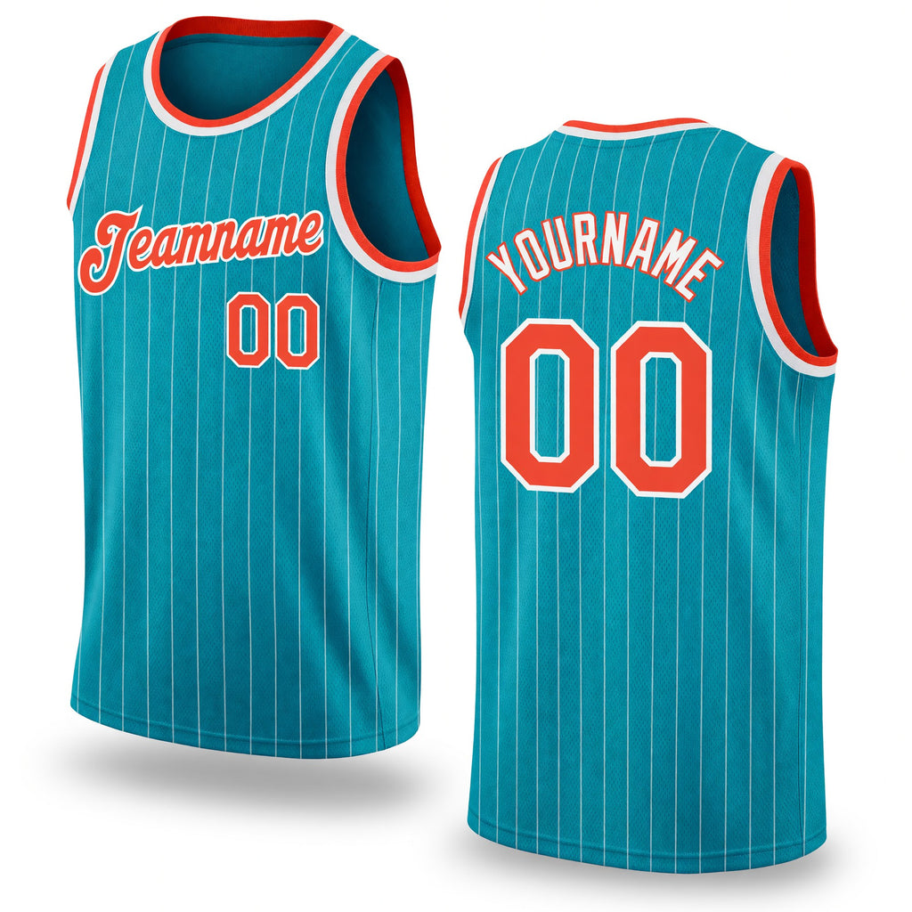 Custom Teal White Pinstripe Orange-White Authentic Basketball Jersey