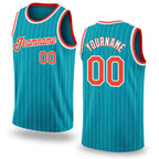 Custom Teal White Pinstripe Orange-White Authentic Basketball Jersey
