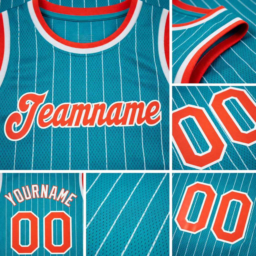 Custom Teal White Pinstripe Orange-White Authentic Basketball Jersey detail
