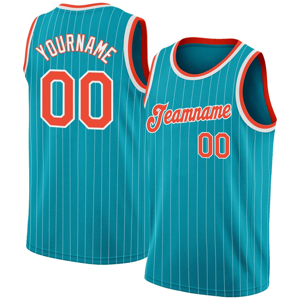 Custom Teal White Pinstripe Orange-White Authentic Basketball Jersey photo 1