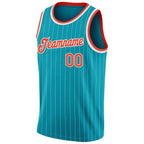 Custom Teal White Pinstripe Orange-White Authentic Basketball Jersey photo 4