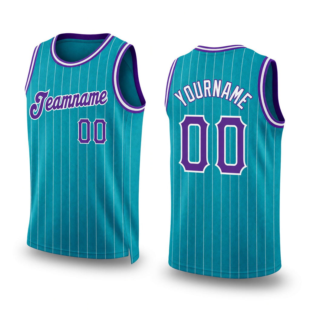 Custom Teal White Pinstripe Purple-White Authentic Basketball Jersey