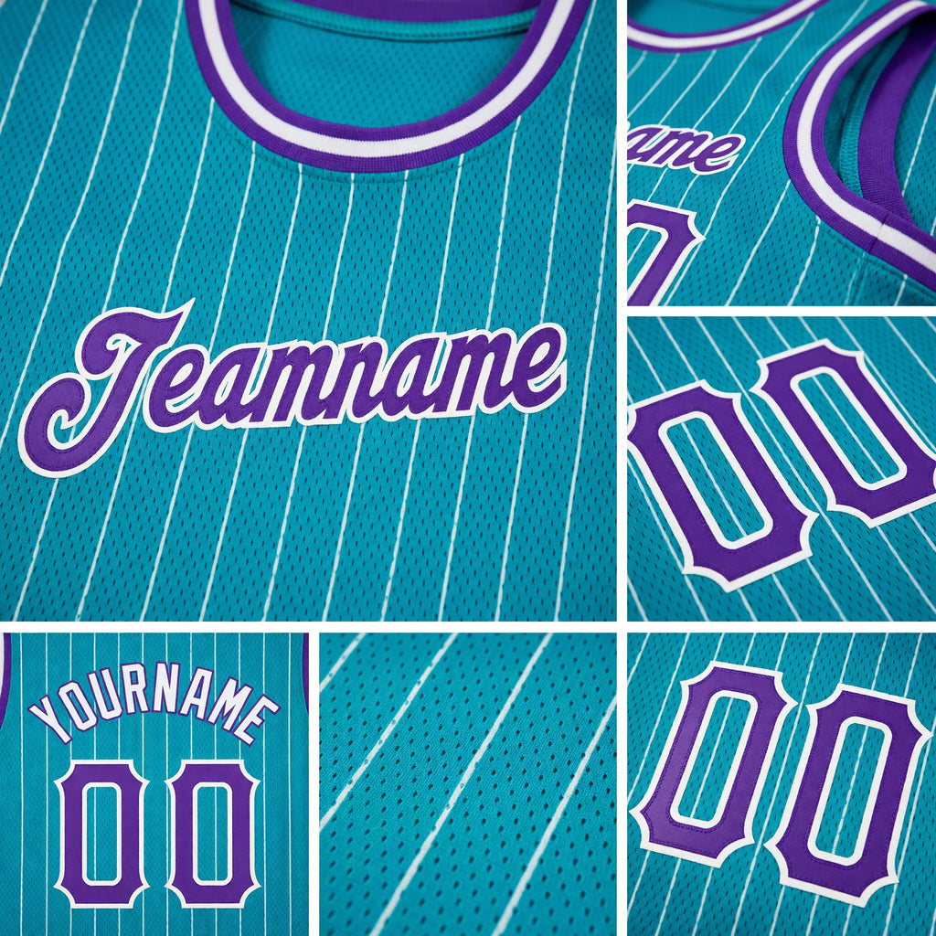 Custom Teal White Pinstripe Purple-White Authentic Basketball Jersey detail