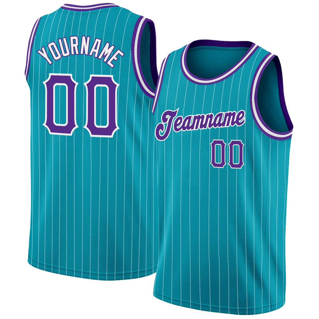 Custom Teal White Pinstripe Purple-White Authentic Basketball Jersey photo 1
