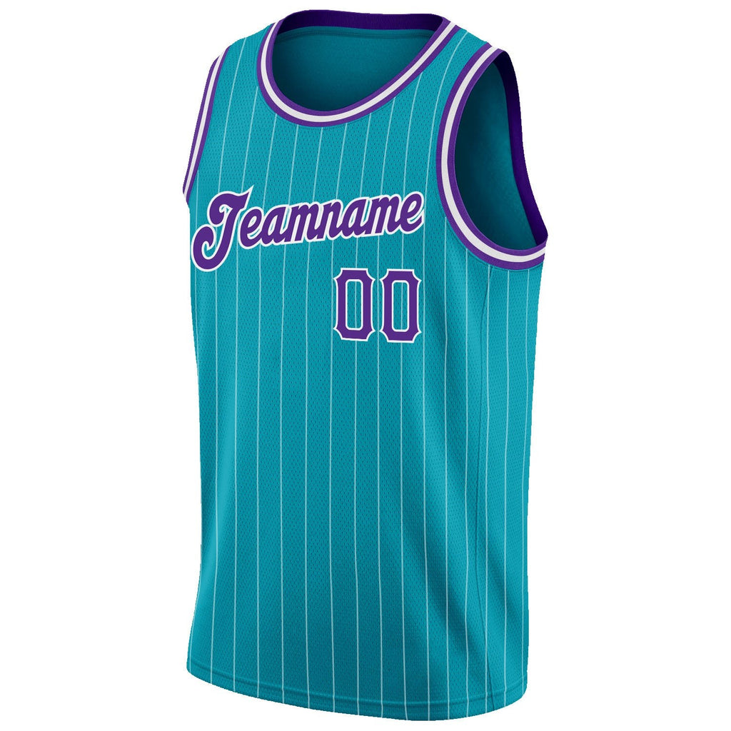 Custom Teal White Pinstripe Purple-White Authentic Basketball Jersey photo 4