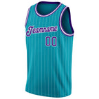 Custom Teal White Pinstripe Purple-White Authentic Basketball Jersey photo 4