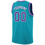 Custom Teal White Pinstripe Purple-White Authentic Basketball Jersey photo 5