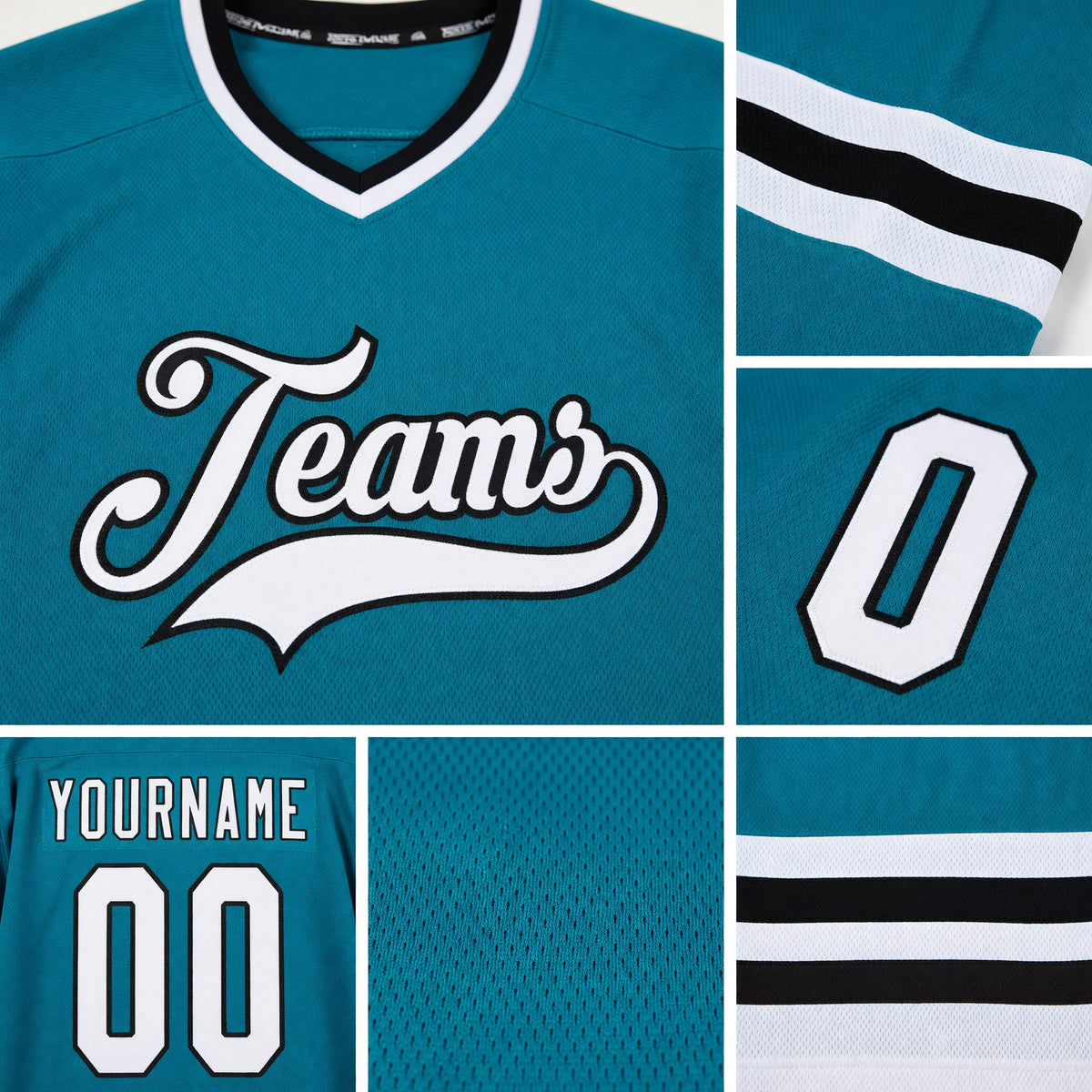 Custom Teal White-Black Hockey Jersey detail