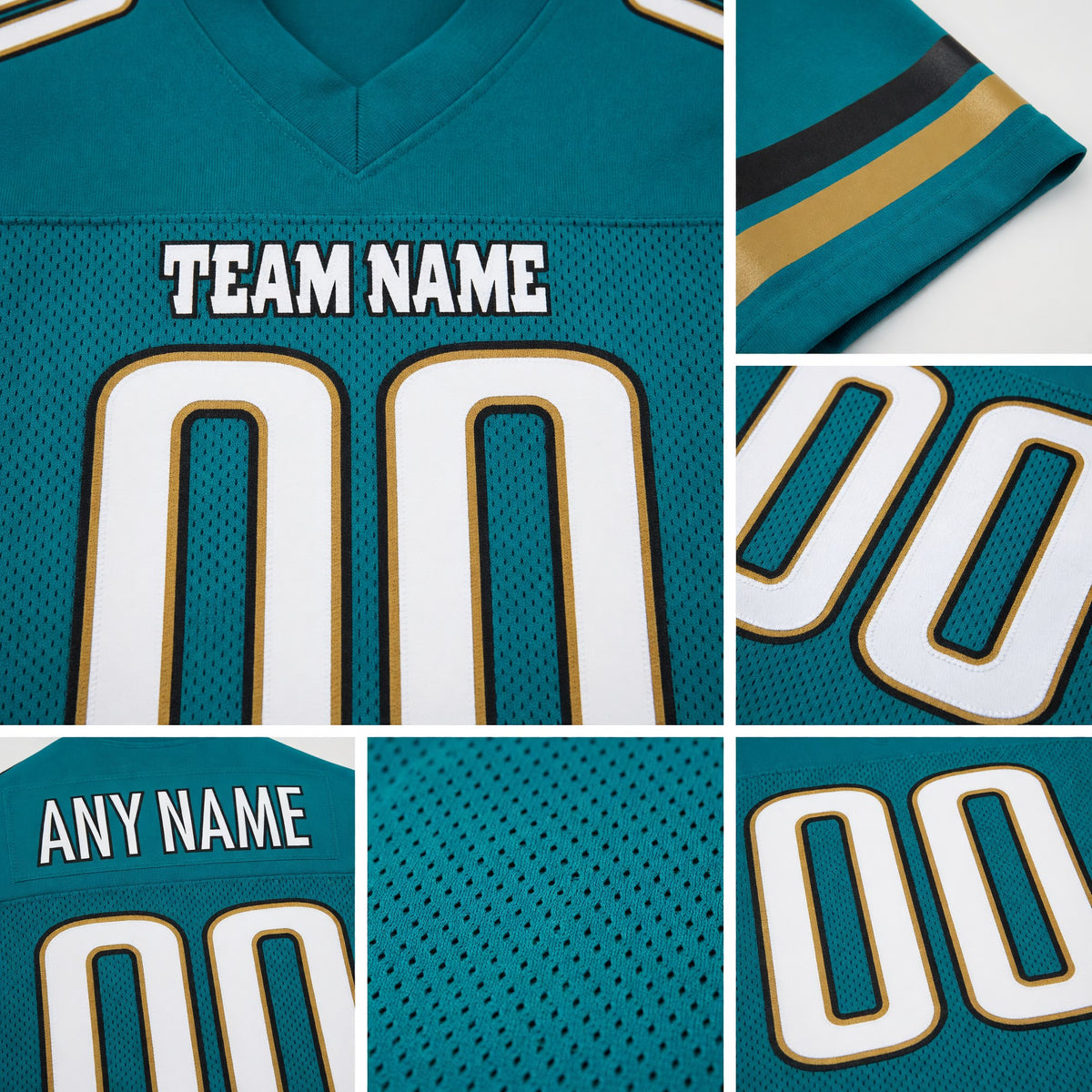 Custom Teal White-Old Gold Mesh Authentic Football Jersey detail