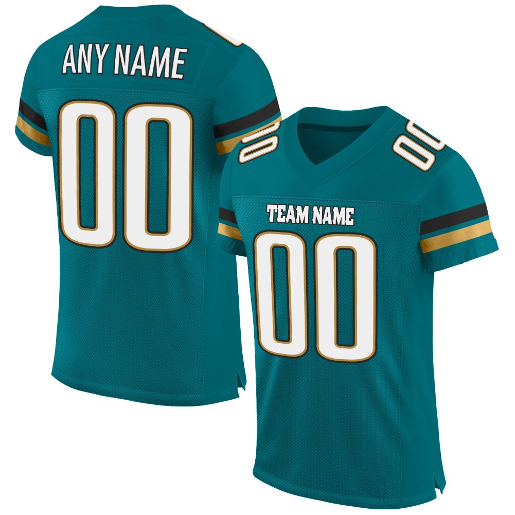 Custom Teal White-Old Gold Mesh Authentic Football Jersey photo 1