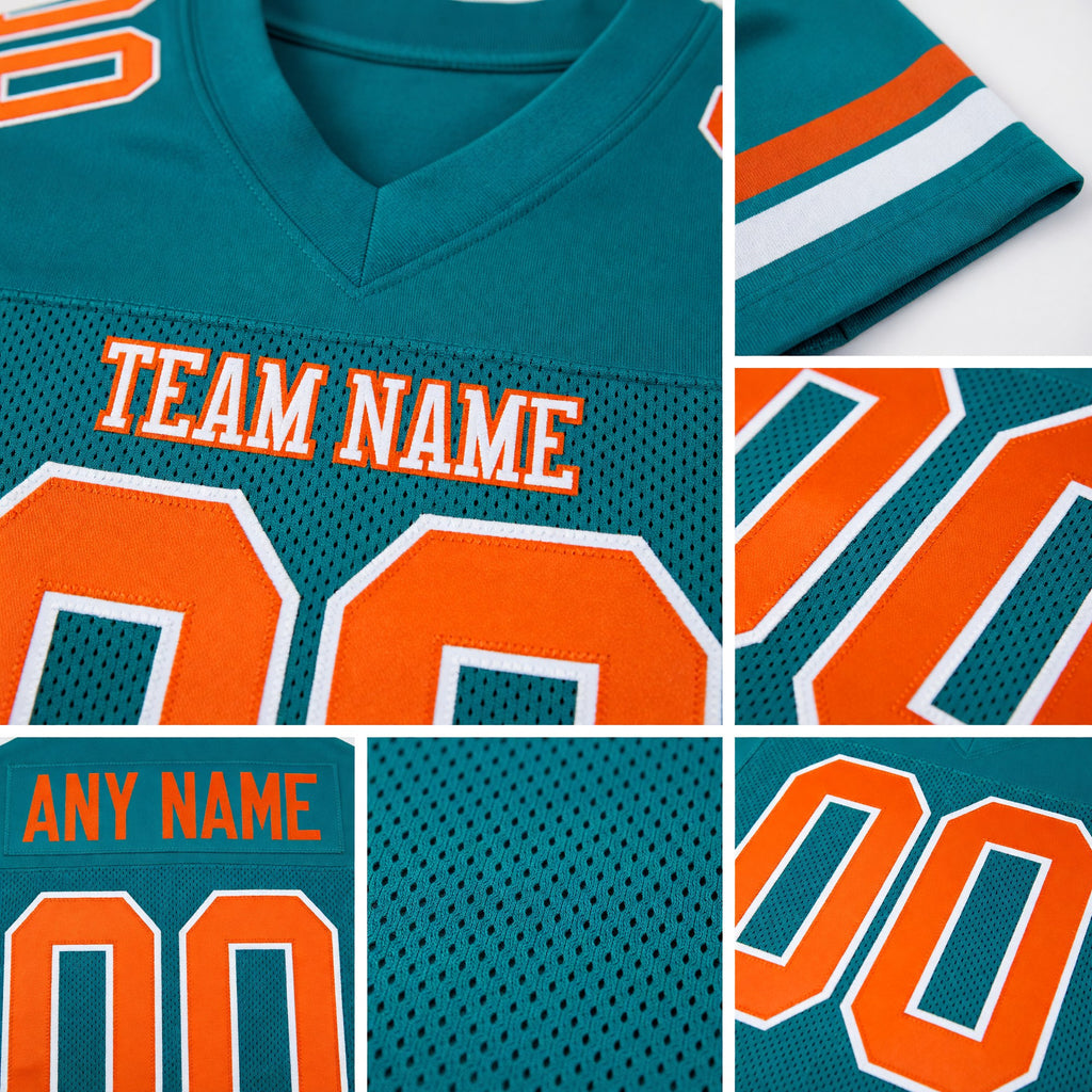 Custom Teal Orange-White Mesh Authentic Football Jersey detail