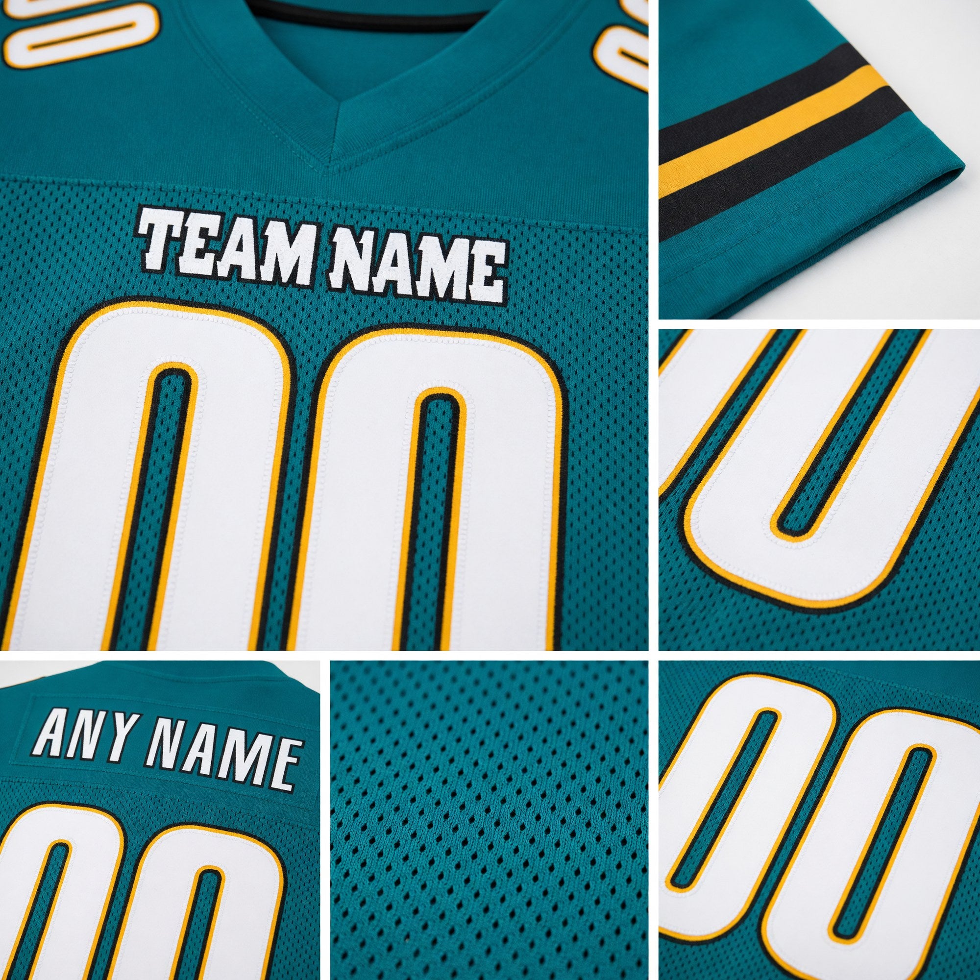 Custom Teal White-Gold Mesh Authentic Football Jersey detail